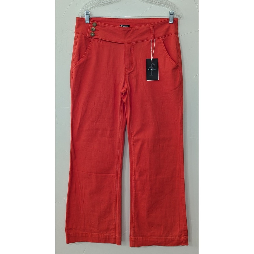 Flamingo Women's Wide Leg Long Pants‎ Large Coral Triple Button Waist & Zip NWT